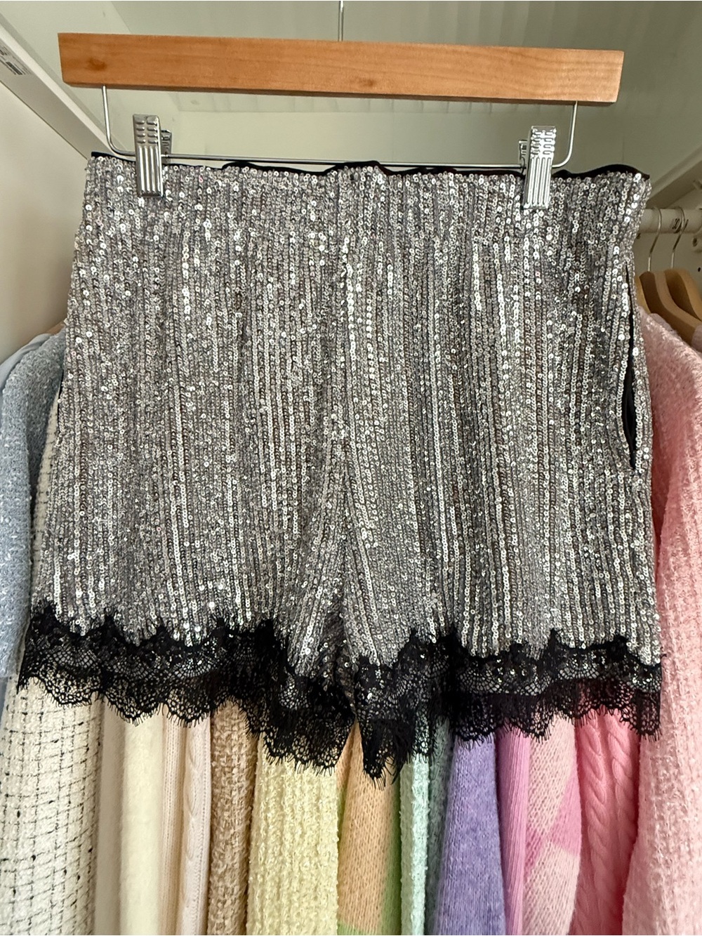 Vera Wang Silver Sequin Shorts with Black Lace Hem